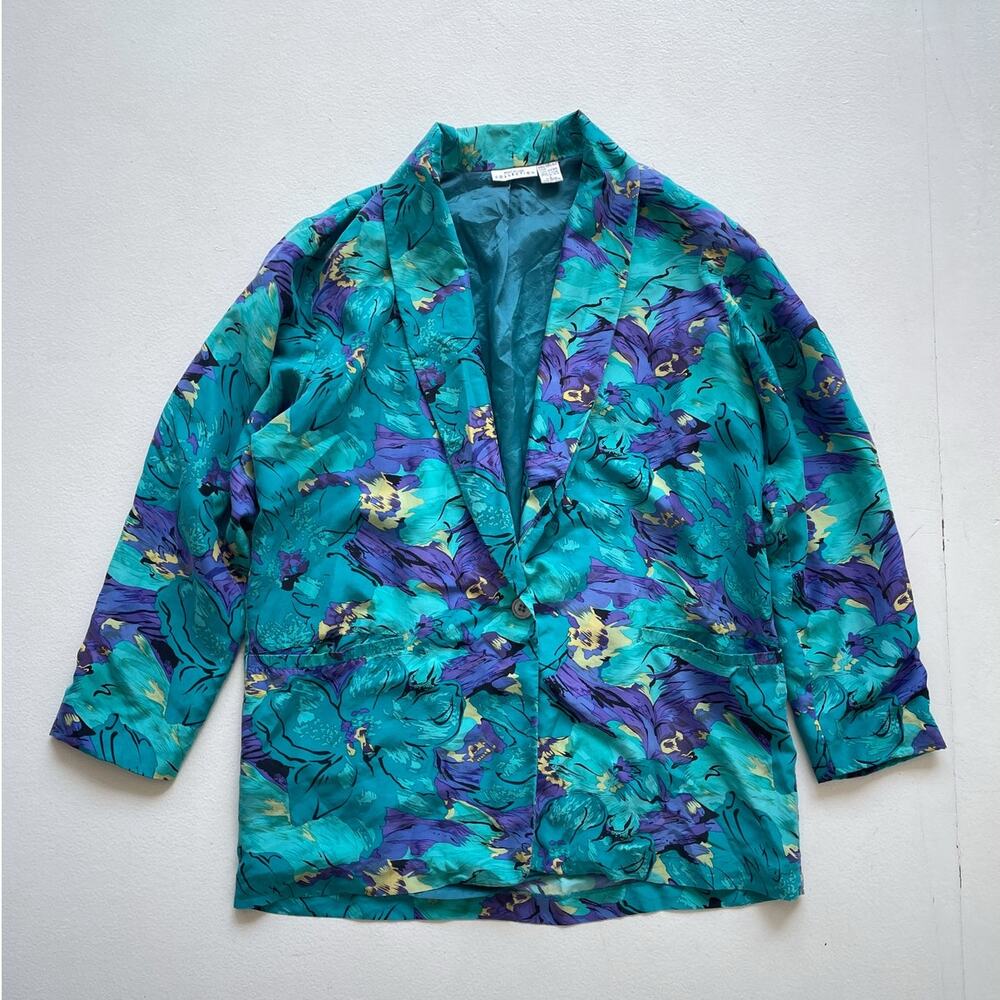 Vtg 90s Turquoise Teal Silk Floral Lined Blazer Jacket / Size L / Womens Resort
